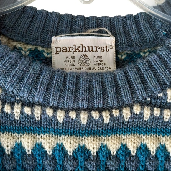 Parkhurst Vintage Wool Fair Isle Sweater Size Medium Blue Made in Canada 70s 80s - Picture 6 of 7